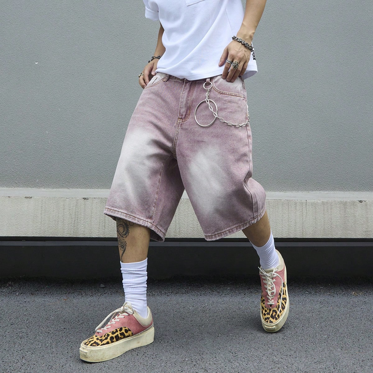 Street Fashion Baggy - Pantaloncini da uomo in denim rosa