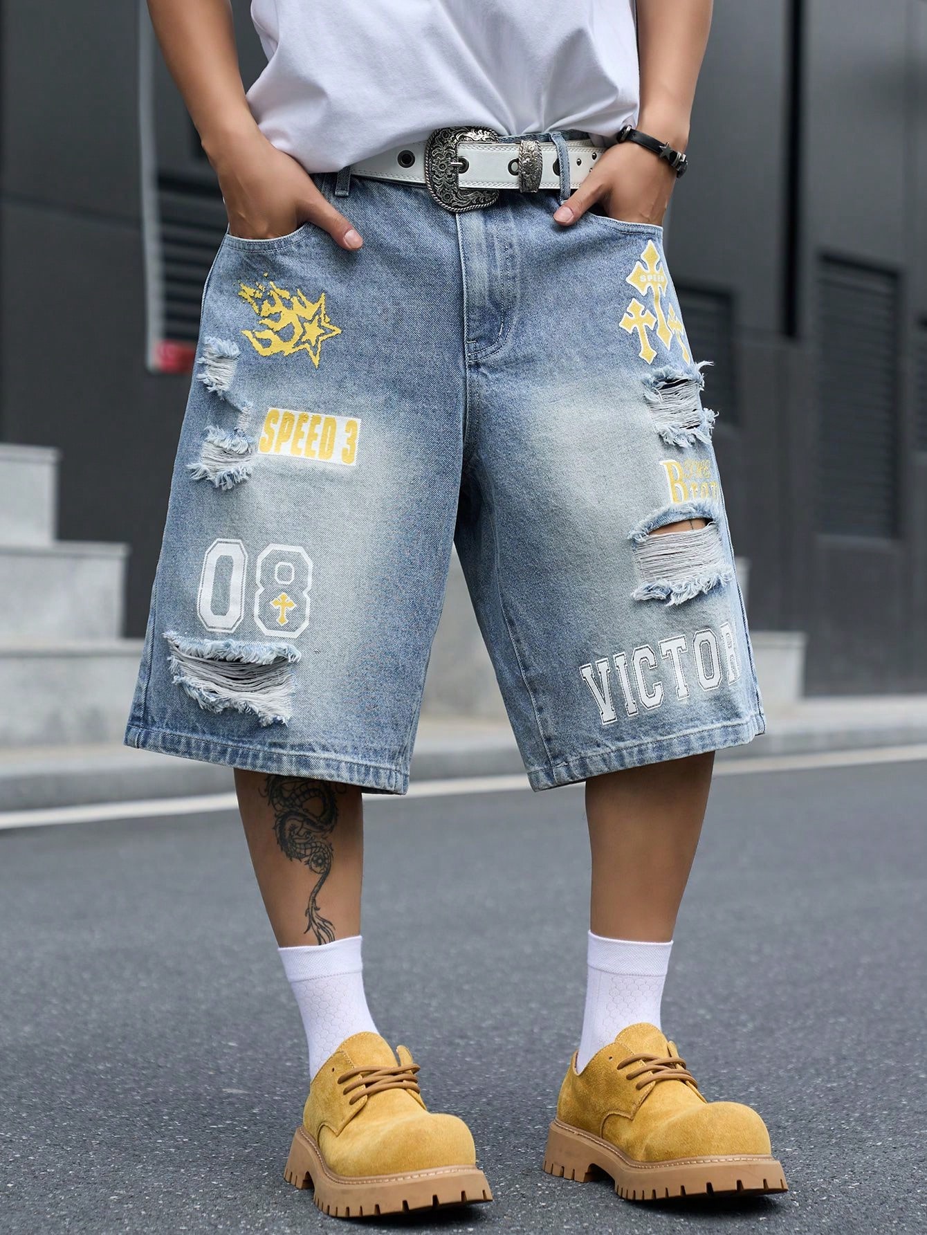 Street Fashion Hip Hop - Bermuda in denim da uomo a